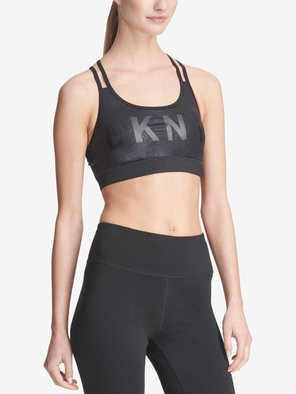 DKNY Womens Activewear Sport Logo Glitter Strappy Back Low Impact Sports Bra